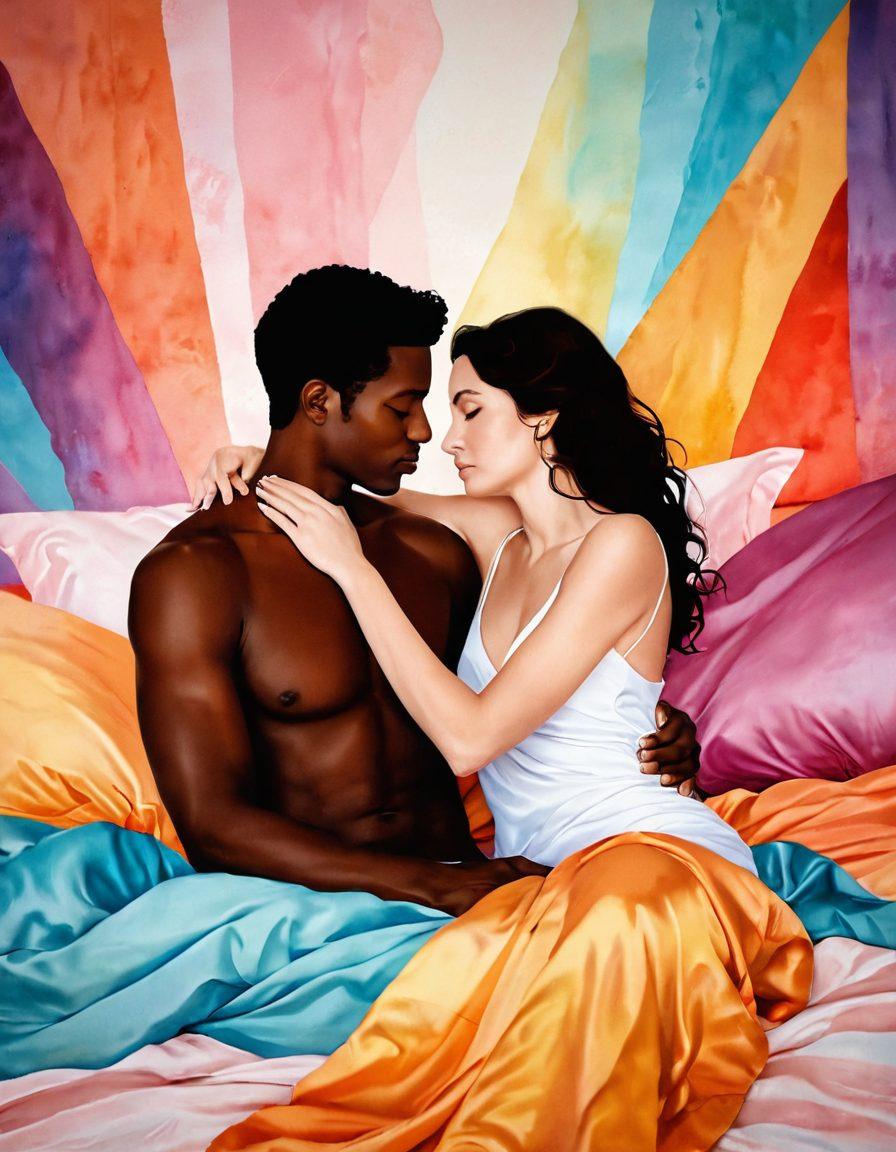 A sensual and intimate scene featuring an artistic representation of a diverse couple embracing, surrounded by soft, inviting colors. The background should hint at an exploration of various genres of adult content through abstract shapes and silhouettes, creating an atmosphere of curiosity and openness. Sensual elements like silk sheets, candlelight, and playful props can enhance the mood. The overall vibe should balance tastefulness and allure without being explicit. vibrant colors. soft focus. contemporary art.
